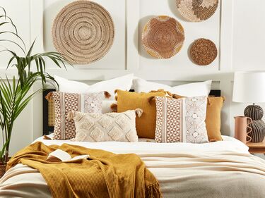 Cotton Cushion Geometric Pattern with Tassels 45 x 45 cm Light Brown and White  MALUS