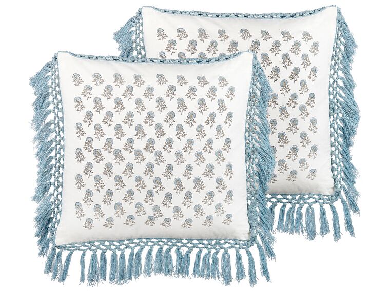 Set of 2 Fringed Cotton Cushions Floral Pattern 45 x 45 cm White and Blue PALLIDA_839366