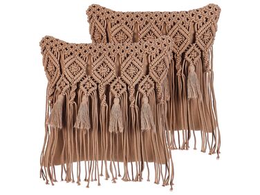 Set of 2 Cotton Macrame Cushions with Tassels 45 x 45 cm Brown BAMIAN