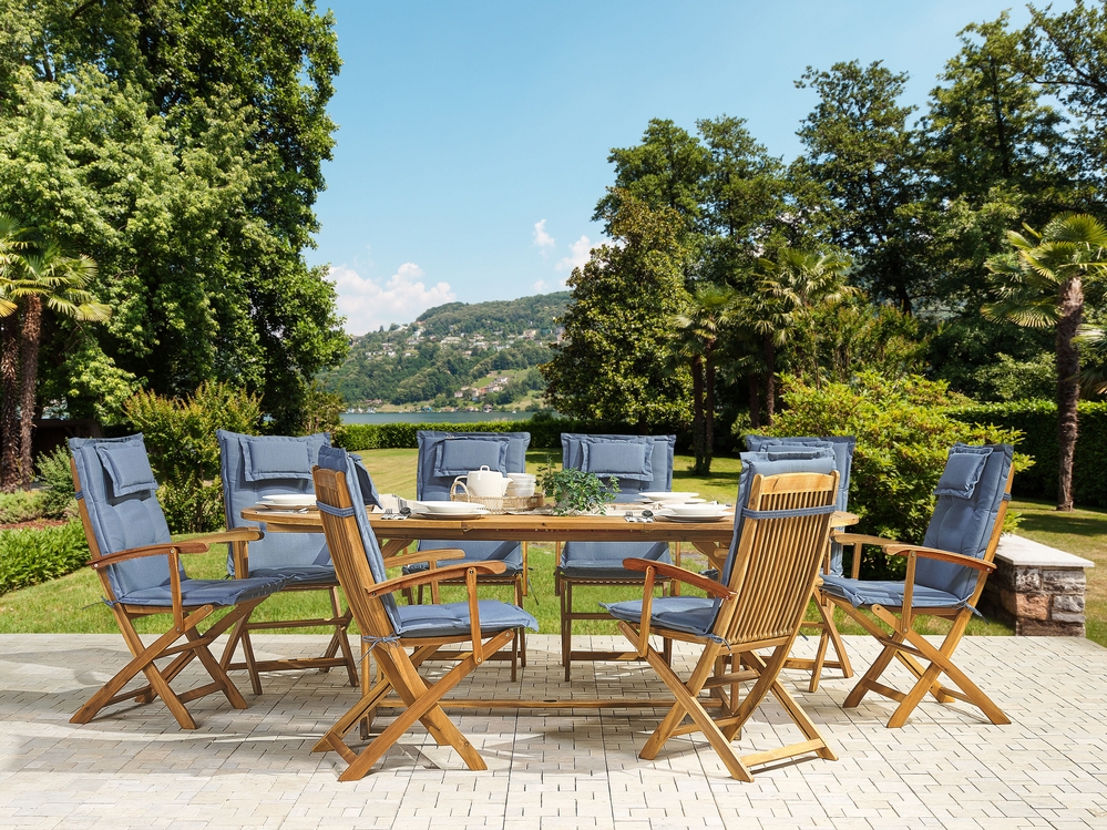 Set da giardino di un tavolo e 8 sedie con cuscini azzurri MAUI 