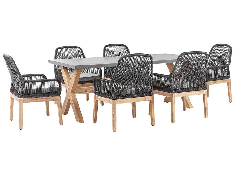 Conjunto de jardín de cemento reforzado mesa 200 x 100 cm con 6 sillas negro/madera clara OLBIA_809461