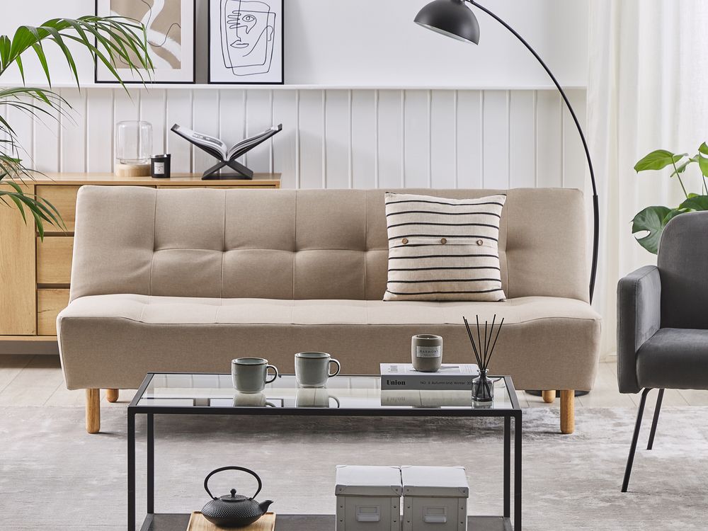 Divano 3 posti SOKNA Tessuto Beige chiaro con tavoli Divano 3 posti SOKNA Tessuto Beige chiaro con tavoli