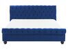 Cama con somier de terciopelo azul marino/madera oscura 160 x 200 cm AVALLON_729055
