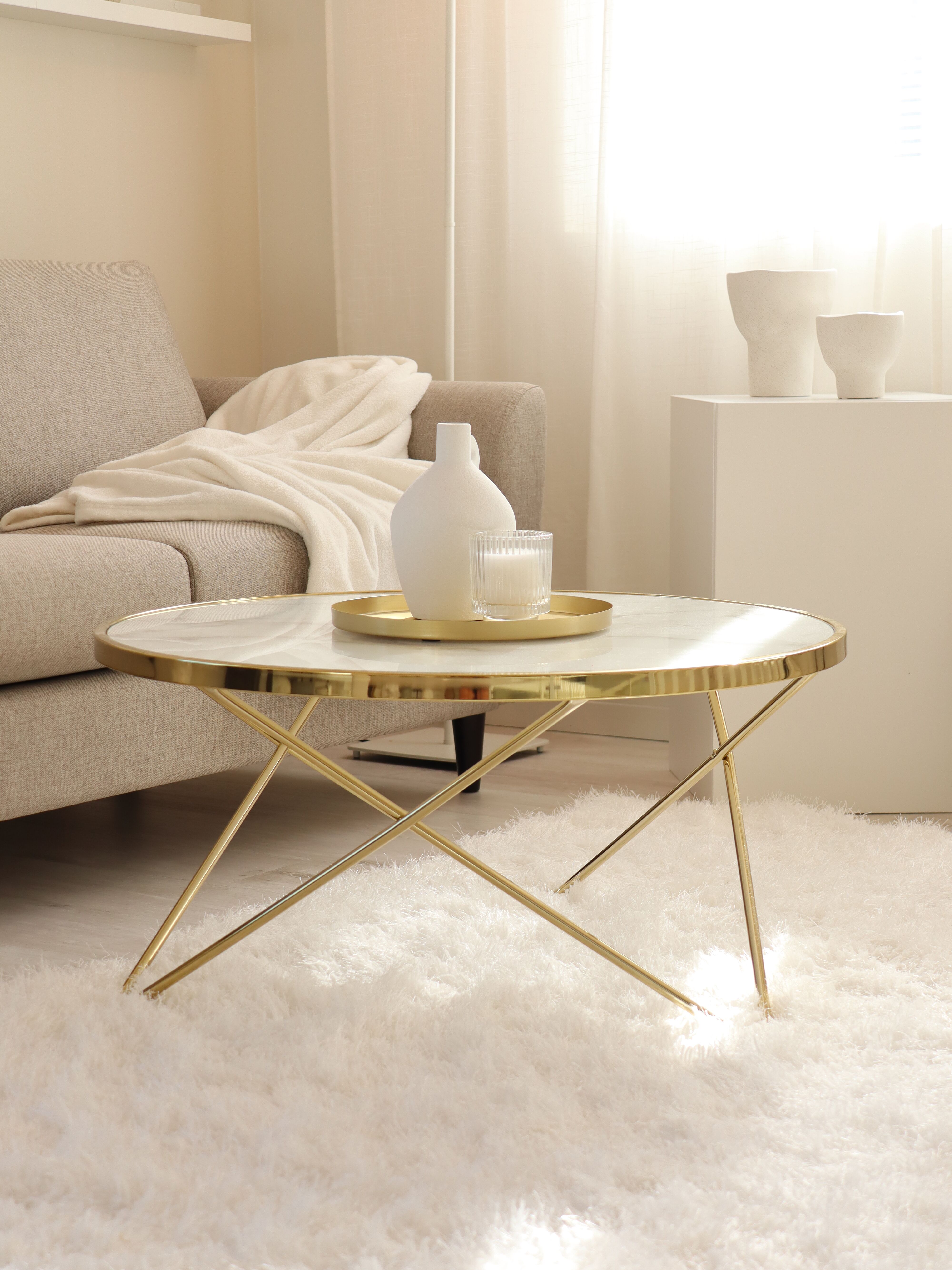 DecoInParis Table Basse Ronde Melissa Verre Marbré Pieds Dorés - Design Moderne