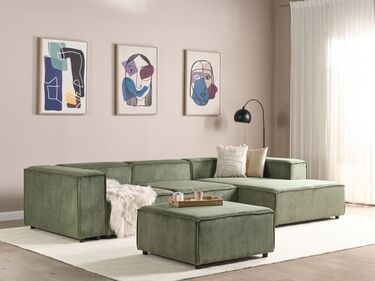 Left Hand 3 Seater Modular Jumbo Cord Corner Sofa with Ottoman Green APRICA