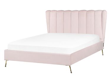 Zamatová posteľ s USB portom 140 x 200 cm ružová MIRIBEL