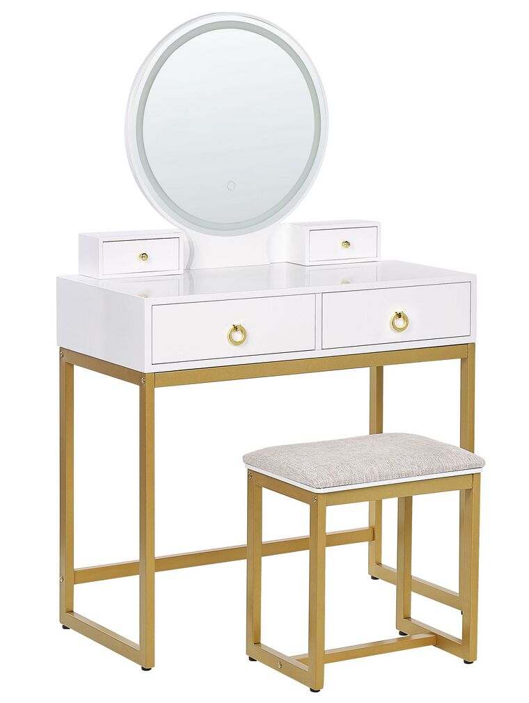 Toaletný stolík so 4 zásuvkami a LED zrkadlom biela/zlatá AUXON_844809