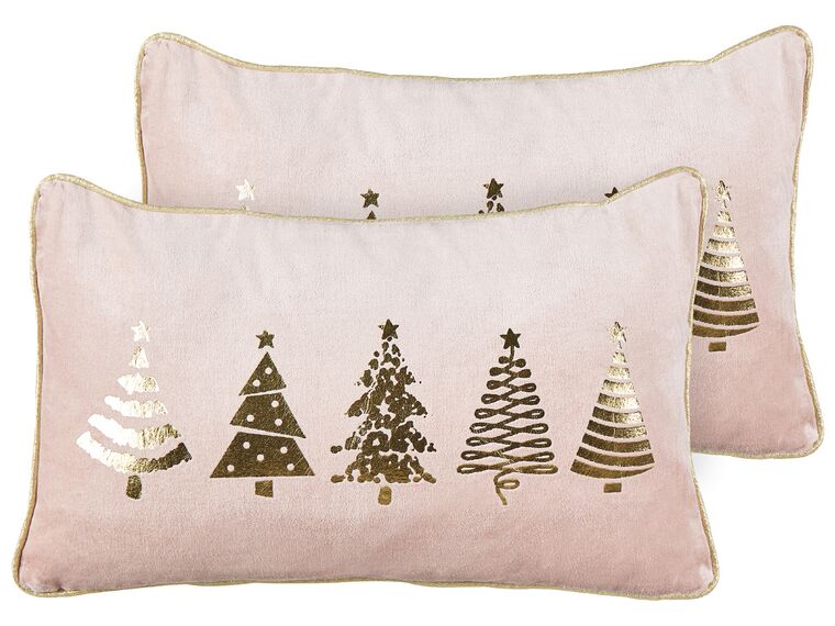 Set of 2 Velvet Cushions Christmas Tree Print 30 x 50 cm Pink ALSOBIA_887571