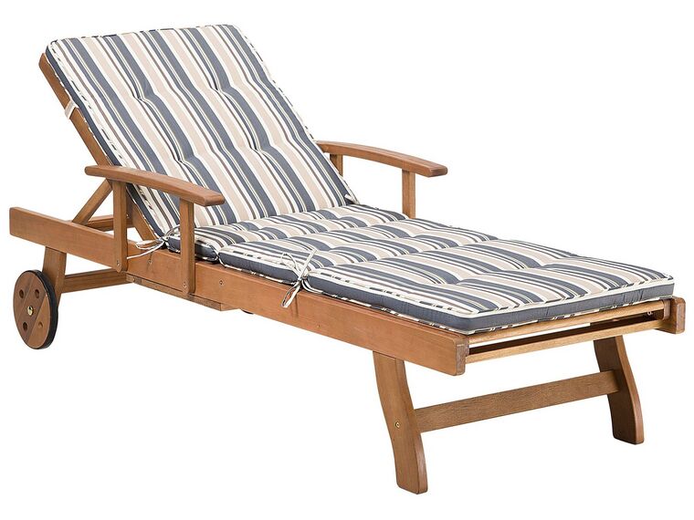 Acacia Wood Reclining Sun Lounger with Blue and Beige Cushion JAVA_763095