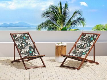 Set of 2 Acacia Folding Deck Chairs and 2 Replacement Fabrics Dark Wood with Off-White / Animal Pattern ANZIO