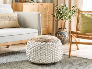 Cotton Knitted Pouffe White and Beige AIZA