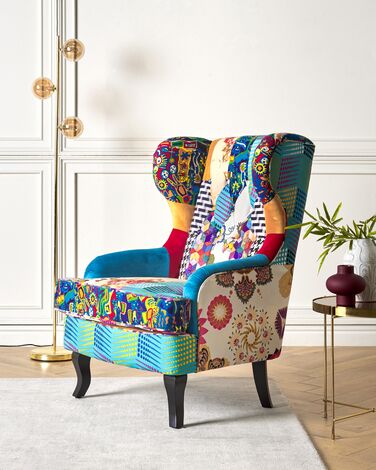 Fabric Wingback Chair Patchwork Blue MOLDE