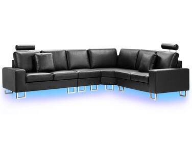 Canapé angle à gauche en cuir noir 6 places avec LED STOCKOLM