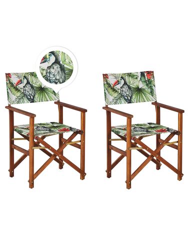 Conjunto de 2 cadeiras de jardim madeira escura e 2 lonas creme e padrão tucano CINE