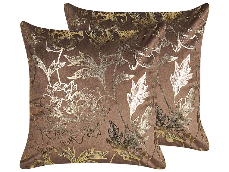 Set of 2 Velvet Cushions Floral Print 45 x 45 cm Brown DAFFODIL_829978