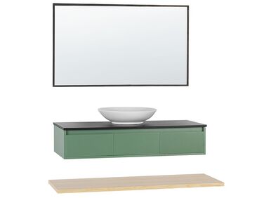 Meuble vasque à tiroirs avec miroir vert et bois clair ZARAGOZA