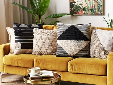 Tufted Cotton Cushion Geometric Pattern 50 x 50 cm Beige and Black KHORA