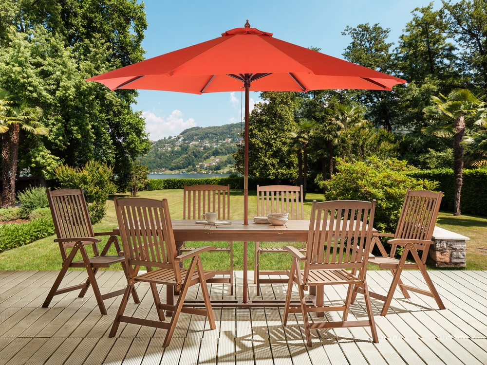 Gartenmöbel Set mit Sonnenschirm rot Akazienholz dunkelbraun 6-Sitzer  AMANTEA 
