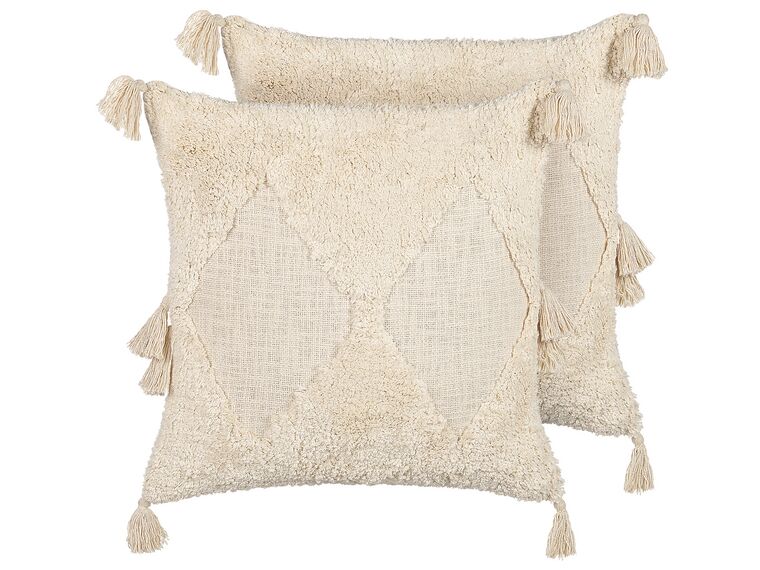 Set of 2 Tufted Cotton Cushions with Tassels 45 x 45 cm Light Beige AVIUM_838793