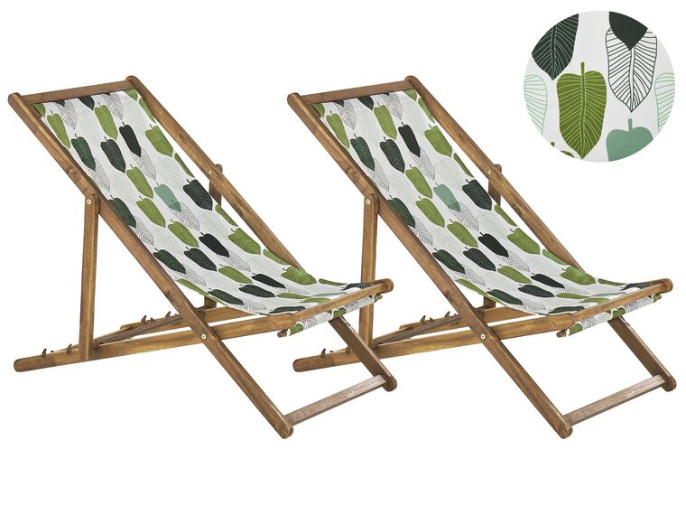 Set di 2 sedie a sdraio legno acacia chiaro motivo foglie bianco e verde ANZIO_819536
