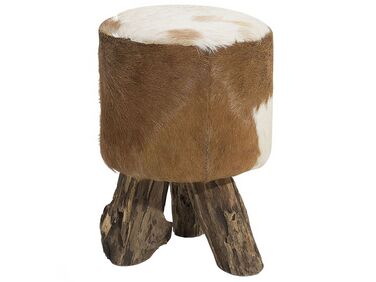Tamborete em madeira de teca e pele de cabra branca KENT
