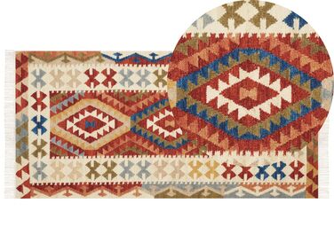 Kelim Teppich Wolle mehrfarbig 80 x 150 cm geometrisches Muster Kurzflor OSHAKAN