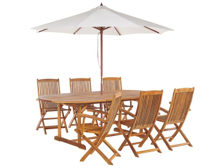 Gartenmöbel Set mit Sonnenschirm (12 Optionen) Akazienholz hellbraun 6-Sitzer MAUI_877713