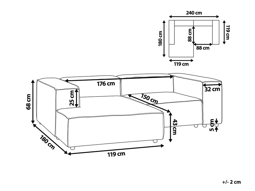Right Hand 2 Seater Modular Jumbo Cord Corner Sofa Brown APRICA