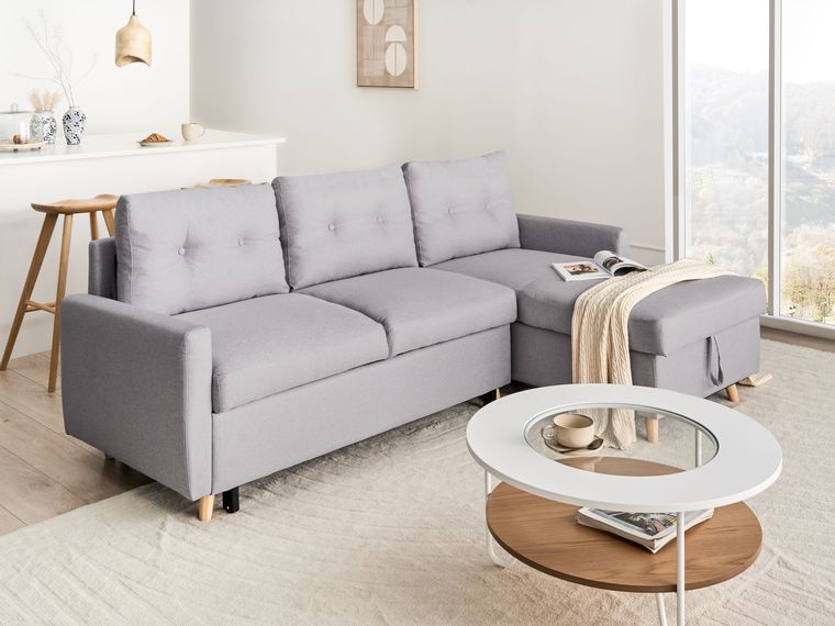 Left Hand Corner Sofa Bed with Storage Light Grey FLAKK Beliani.co.uk