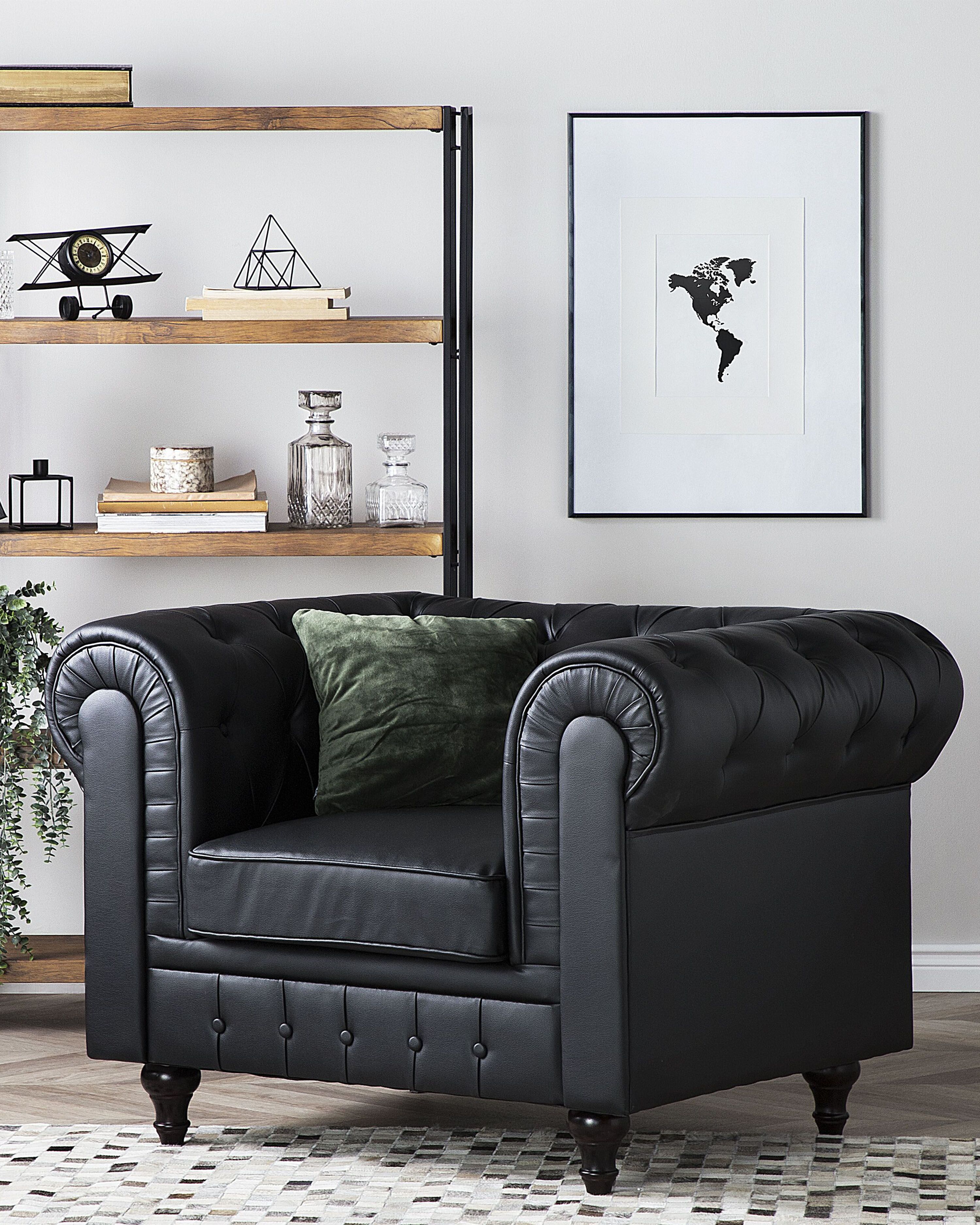 Divano 3 Posti Mendler Chesterfield, Stile Vittoriano, Ecopelle Nera, Piedi In Legno, 195x90x74 Cm