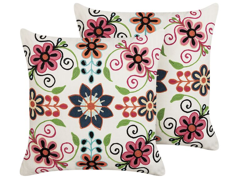 Set of 2 Embroidered Cotton Cushions Flower Pattern 50 x 50 cm Multicolour BAHRAICH_829484