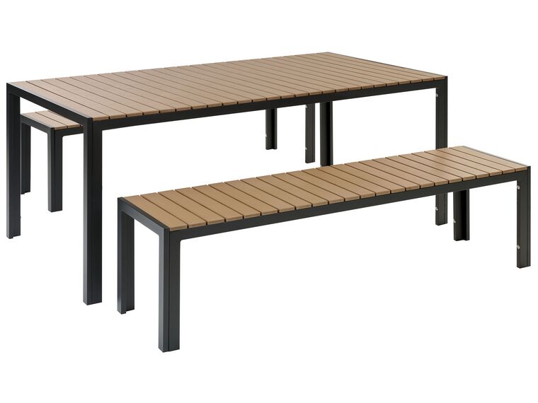 Zestaw ogrodowy stół i 2 ławki jasne drewno z czarnym NARDO_862914