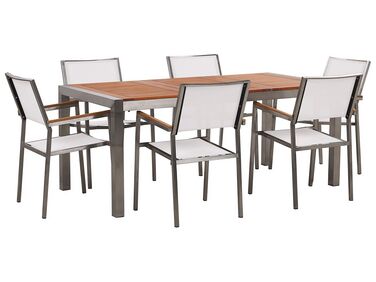Table de jardin plateau bois eucalyptus 180 cm et 6 chaises blanches GROSSETO