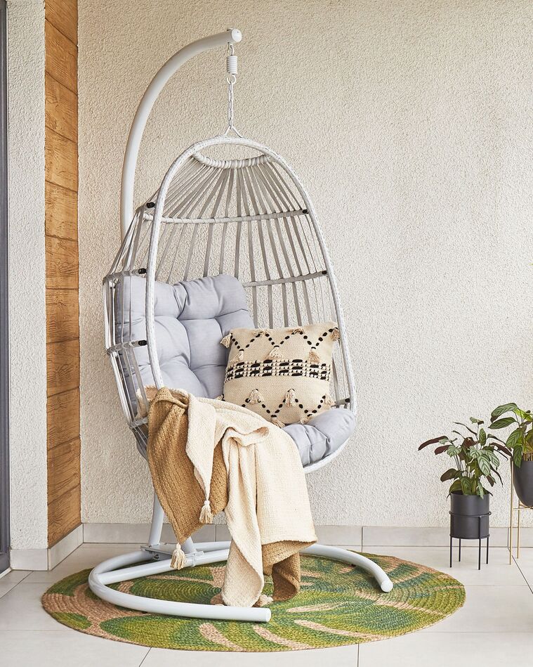 PE Rattan Hanging Chair with Stand Light Grey SESIA Beliani.co.uk