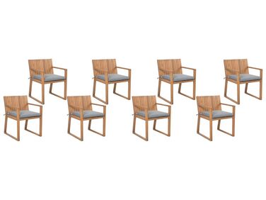 Zestaw 8 krzeseł ogrodowych akacjowy jasne drewno z poduszkami szarymi SASSARI
