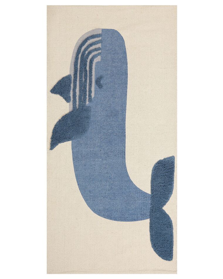 Tapete de algodão azul e creme com motivo de baleia 80 x 150 cm SELAI_866593