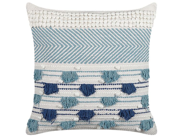 Cotton Cushion with Tassels 45 x 45 cm White and Blue DATURA_840104