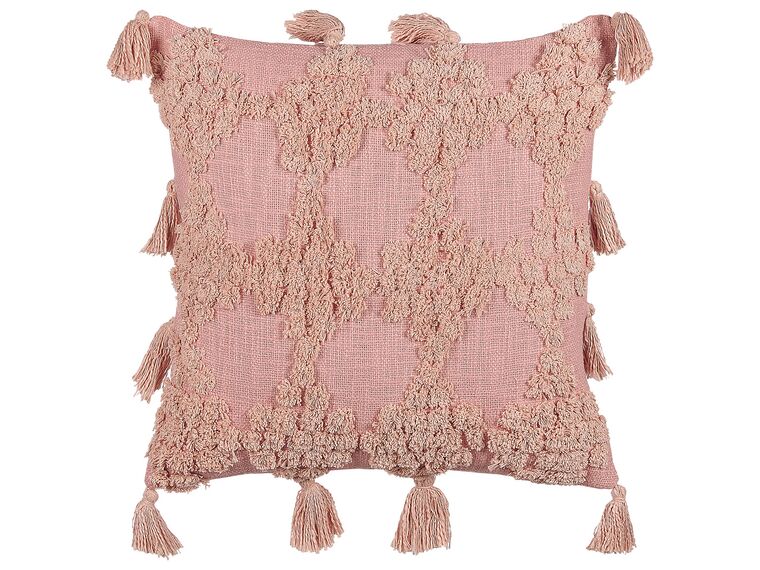Bawełniana poduszka dekoracyjna tuftowana z frędzlami 45 x 45 cm różowa TORENIA_838656