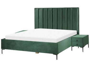 Sametová souprava nábytku postel 180 x 200 cm +2 noční stolky tmavě zelená SEZANNE
