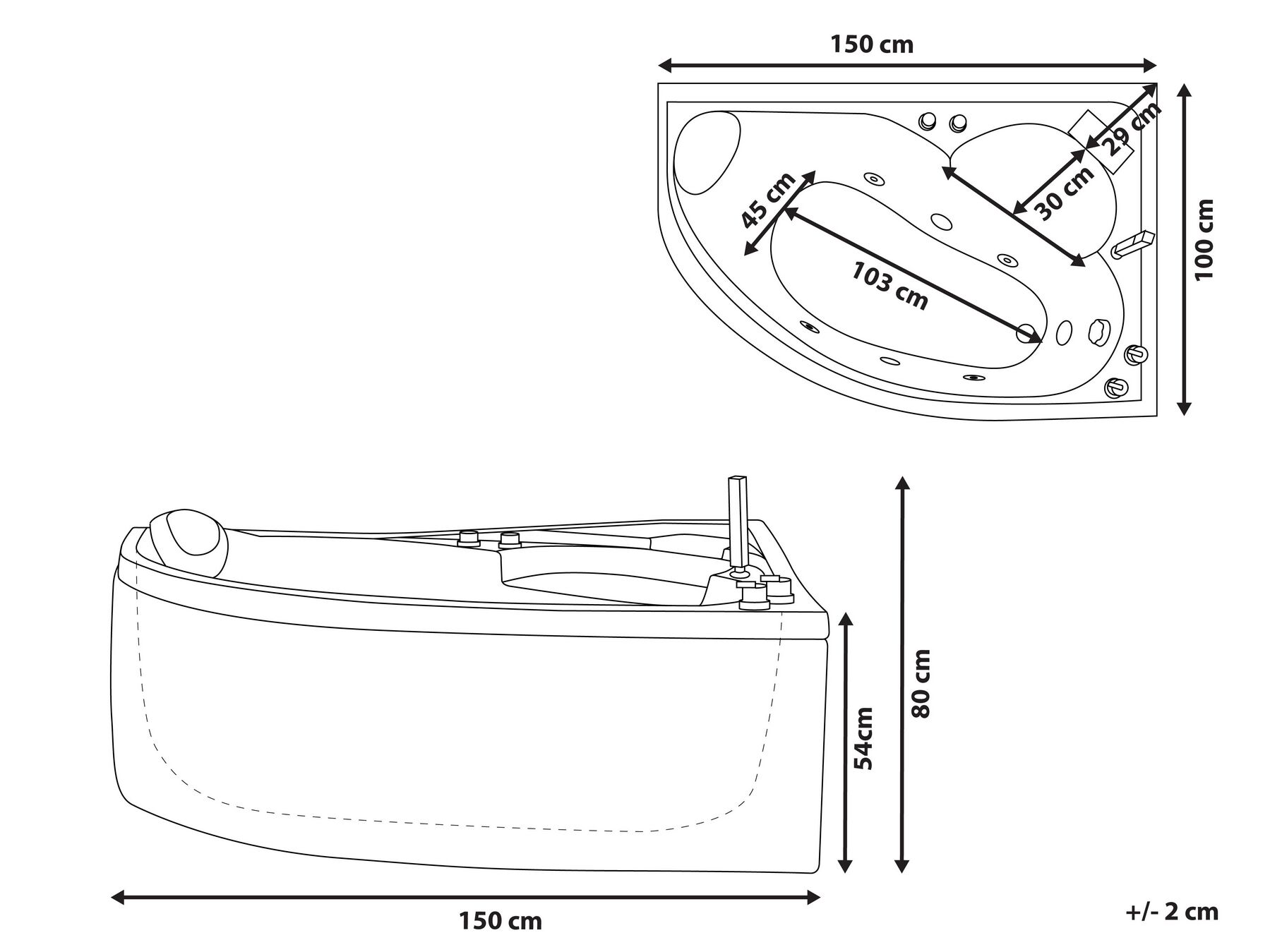 Left Hand Whirlpool Corner Bath with LED 1500 x 1000 mm White NEIVA