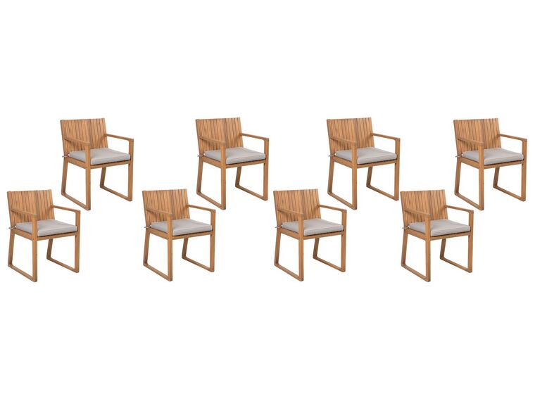 	Conjunto de 8 sillas de jardín de madera de acacia clara con cojines gris/marrón topo SASSARI_745983