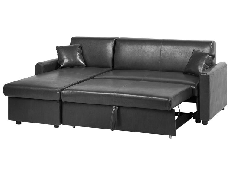 Right Hand Faux Leather Corner Sofa Bed with Storage Black OGNA
