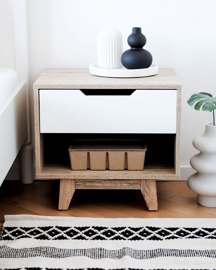 1 Drawer Bedside Table Light Wood with White SPENCER Beliani.co.uk