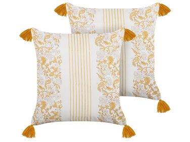 Set of 2 Cotton Cushions Flower Pattern 45x45 cm Yellow and White BILOBA