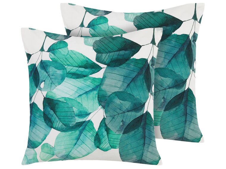 Set of 2 Outdoor Cushions Leaf Motif 45 x 45 cm Teal Blue and White TREBBO_776242