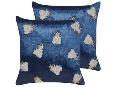 Conjunto de 2 cojines decorativos de terciopelo con patrón de moscas azul marino 45 x 45 cm PENTAS 