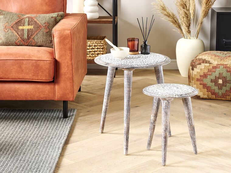 Set of 2 Mango Wood Side Tables OffWhite BARJU Beliani.co.uk