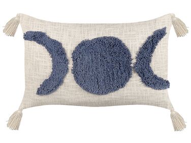 Bawełniana poduszka dekoracyjna tuftowana z frędzlami 35 x 55 cm beżowo-niebieska LUPINUS