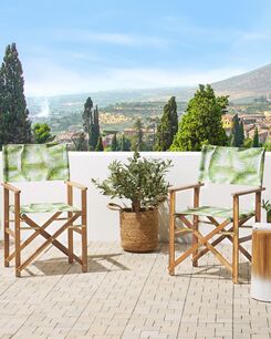 Vaalea akaasiapuinen puutarhatuoli luonnonvalkoisella/palmunlehtikuvioisella kankaalla 2 kpl CINE Vaalea akaasiapuinen puutarhatuoli luonnonvalkoisella/palmunlehtikuvioisella kankaalla 2 kpl CINE