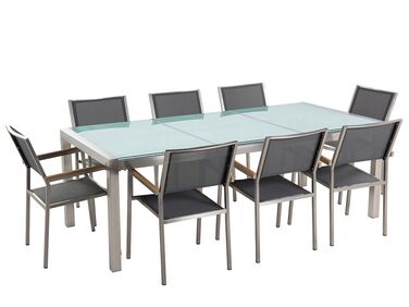 Nyolcszemélyes étkezőasztal repedezett üveglappal és szürke textilén székekkel GROSSETO